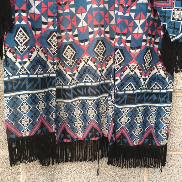Angie Kimono Open Front Cardigan Fringe Medium Multicolor Geometric Lightweight - Picture 4 of 8